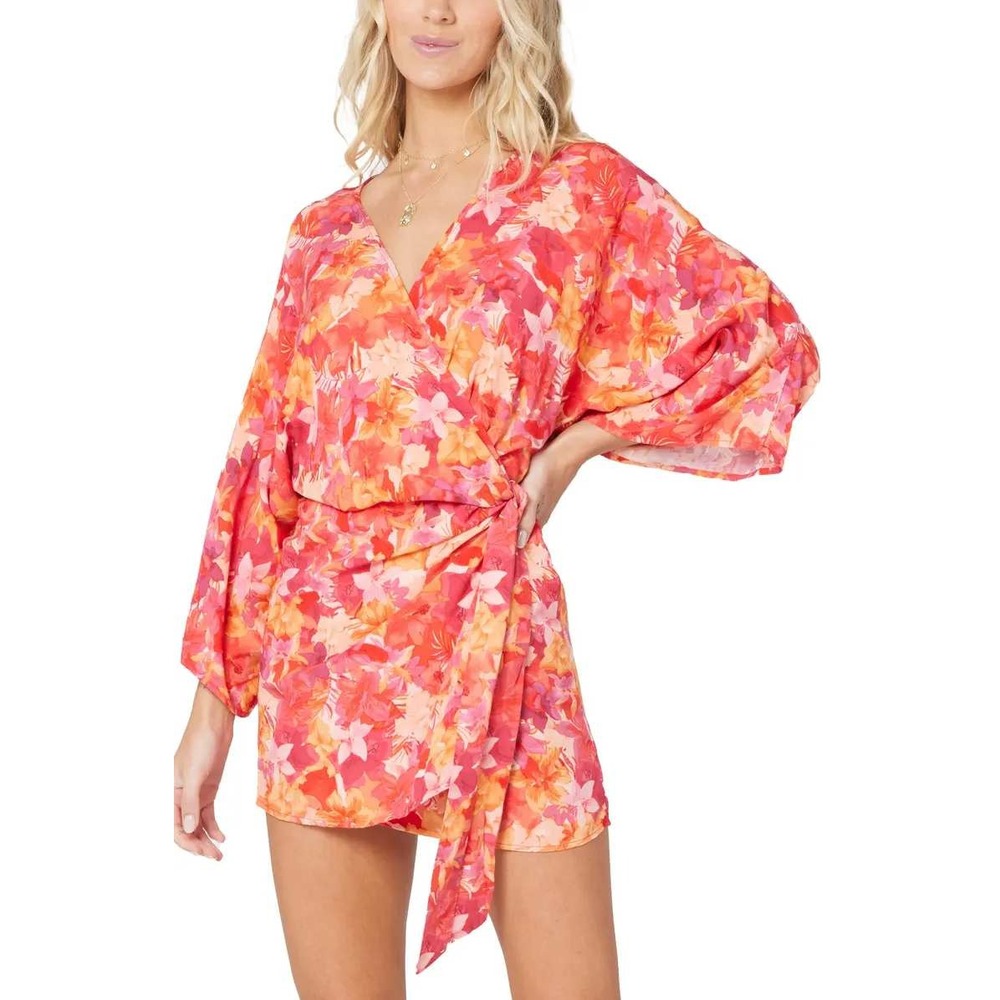 L*Space Wrap Mini Wrap‎ Dress Size Small Pink Orange Floral Kimono Sleeve Boho